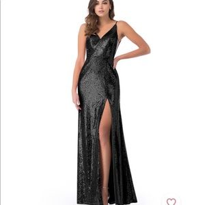 Azazie Long Bridesmaid Dress, Stellar Black Sequin
